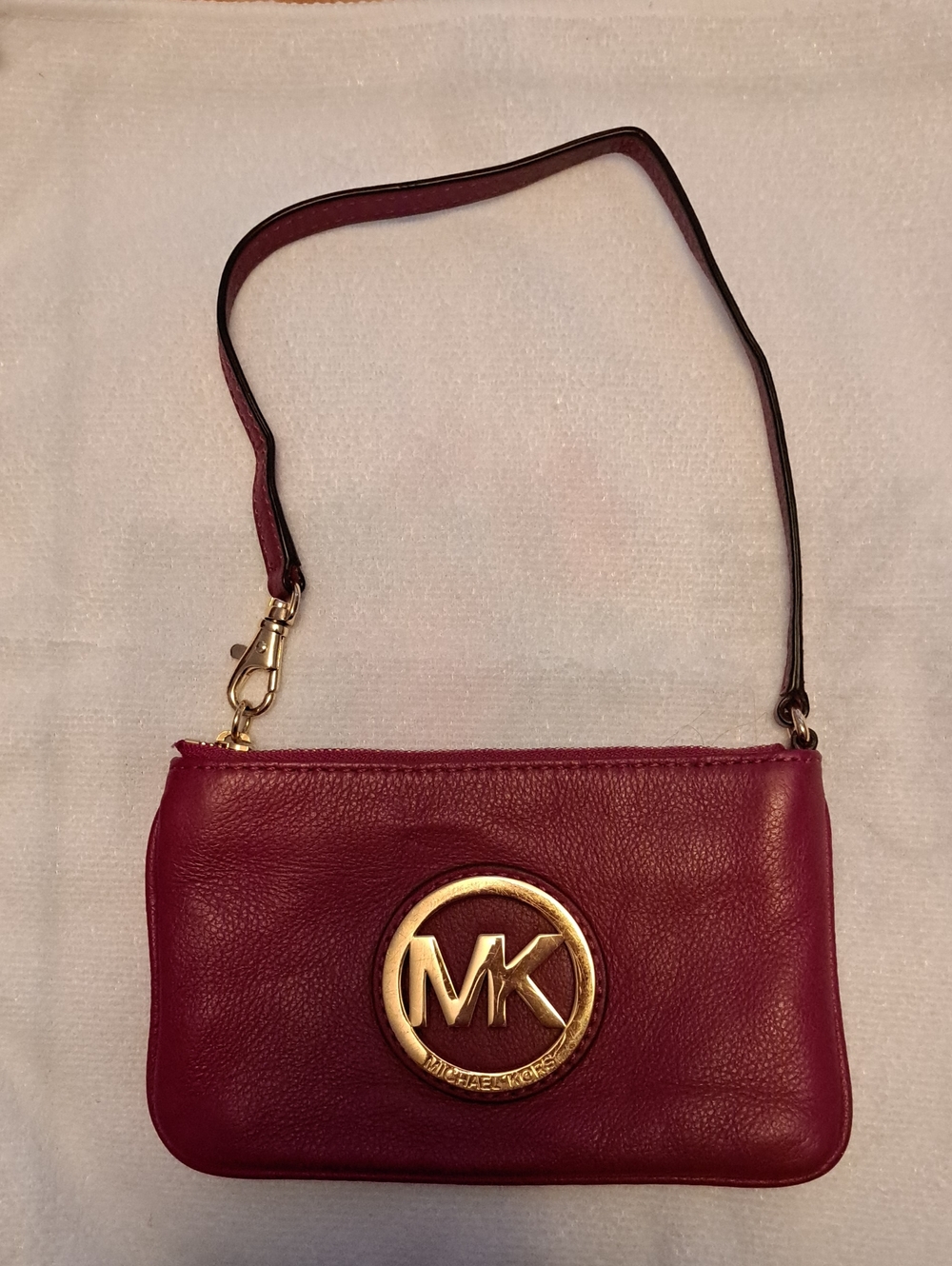 Michael Kors Burgundy Leather Wristlet with Gold MK Emblem